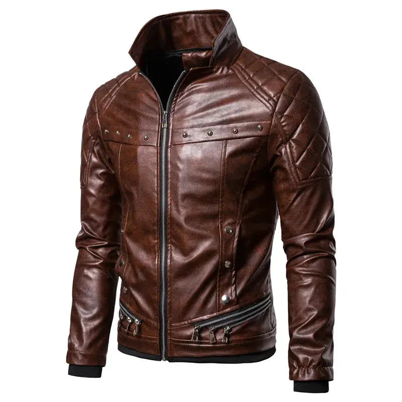 Men's brown leather motorcycle jacket with quilted shoulders, front zipper, zip pockets, snap accents