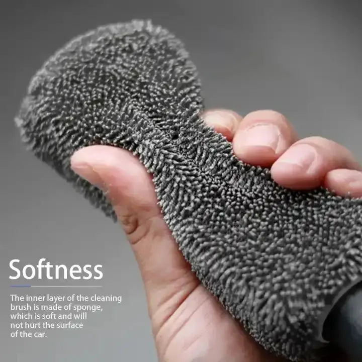 Car wheel cleaning brush with soft gray microfiber bristles for wet and dry detailing of tires and rims.