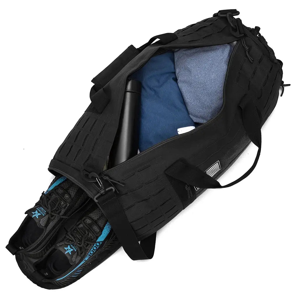 Simples Market 40L black tactical gym duffel with MOLLE, shows pair of sneakers and water bottle inside