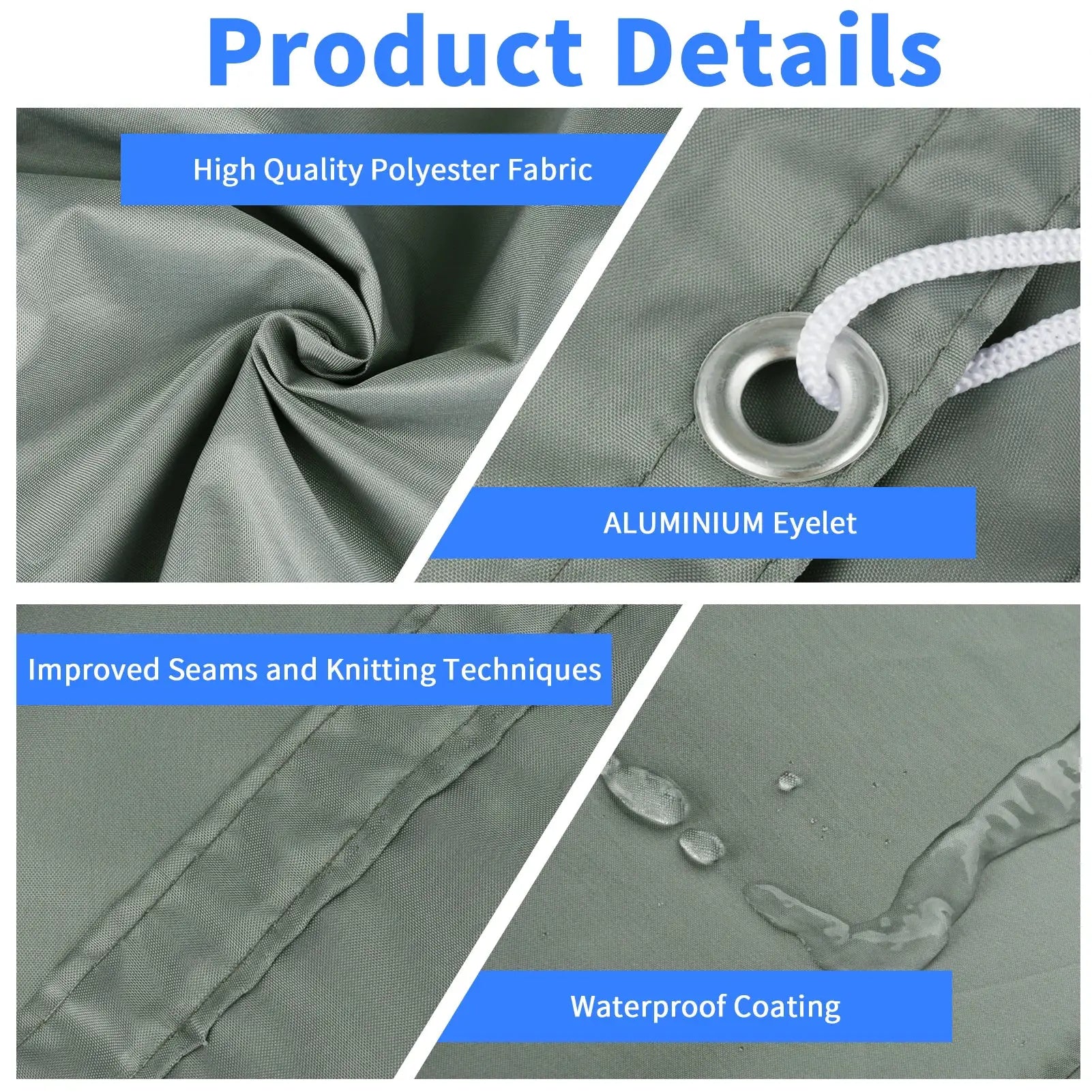 Sun shade sail fabric closeups in grey polyester with aluminum eyelets, reinforced seams and waterproof coating