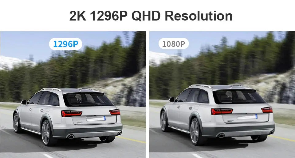2K dash camera for cars; white SUV shown in two panels labeled 1296P and 1080P