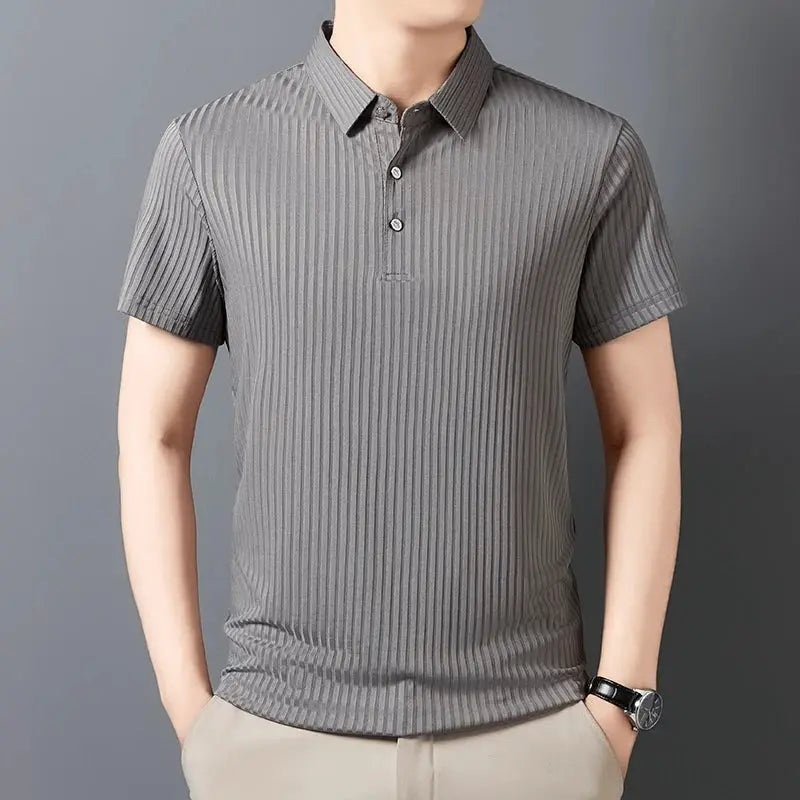 Men's striped polo shirt in gray with short sleeves and a collared button placket
