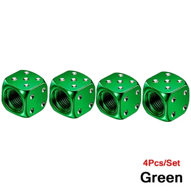 Aluminum dice tire valve caps, green, dustproof, set of 4 for cars, trucks and motorcycles