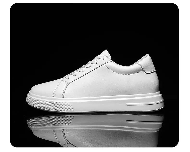 Men's white leather elevator sneakers with thick platform sole