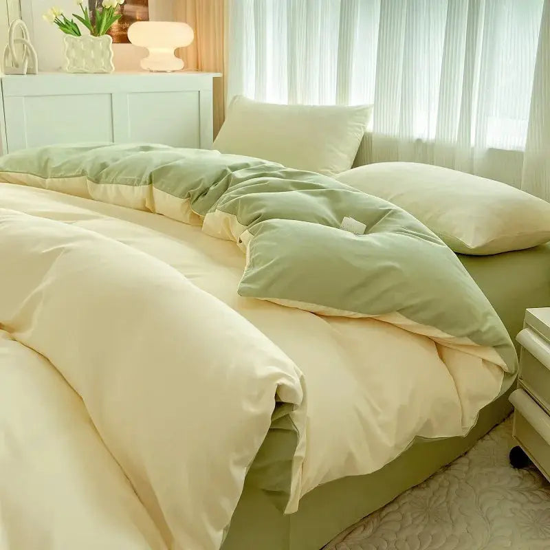 Simples Market 4-piece duvet cover bedding set in sage green and cream on a neatly made bed with pillows