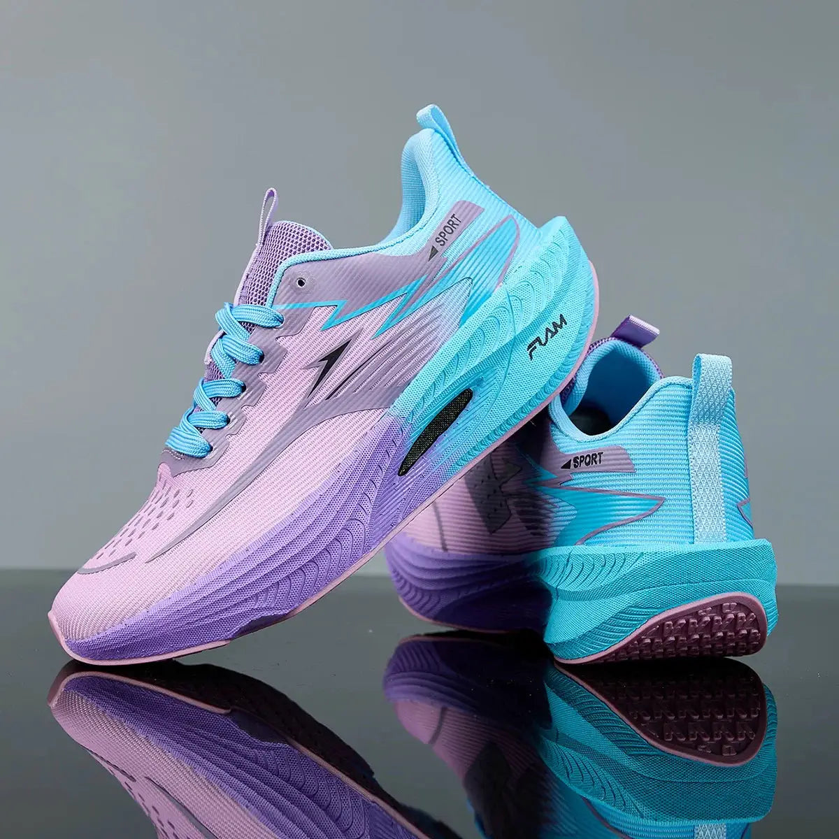Running shoes in pink lilac and aqua blue with breathable knit upper
