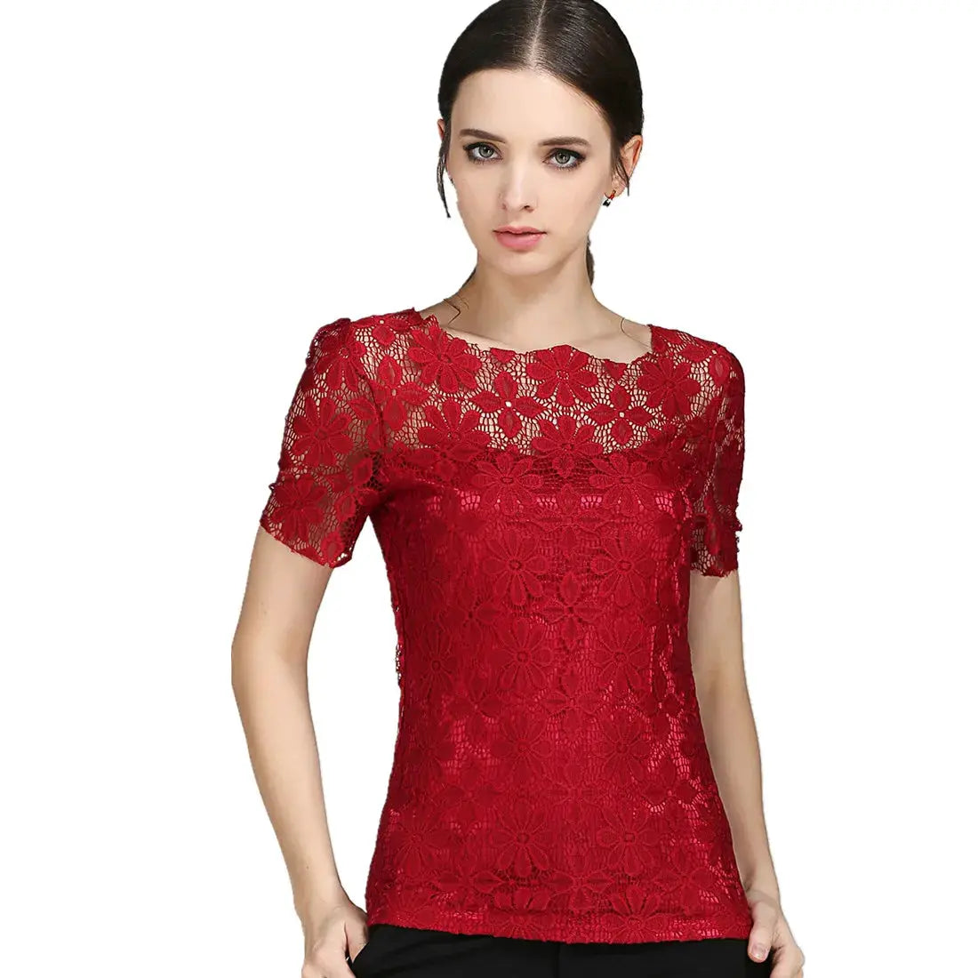 Women's red floral lace blouse with short sleeves by Simples Market