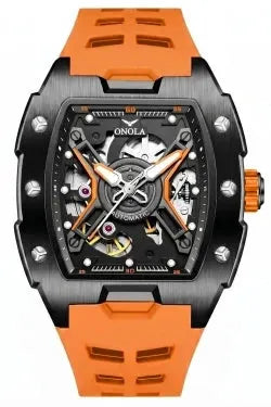 ONOLA men's luxury sports watch with orange silicone strap and black skeleton dial, automatic movement visible.