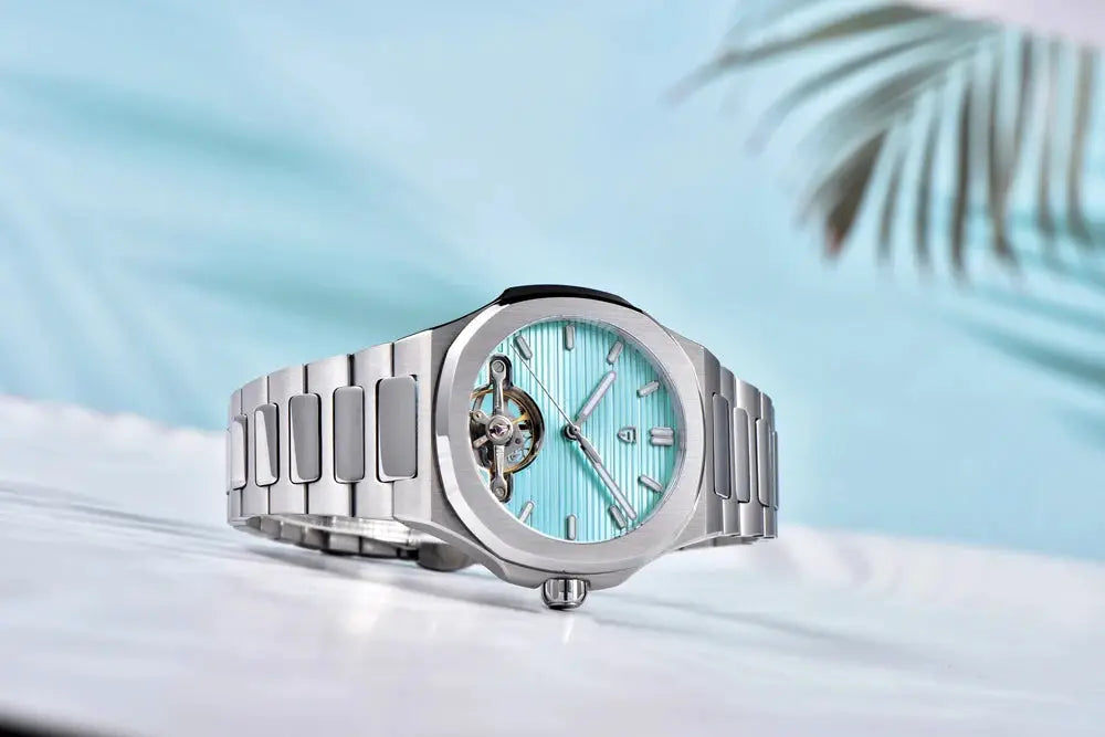 PAGANI DESIGN men's stainless steel skeleton watch with turquoise dial and open-heart window