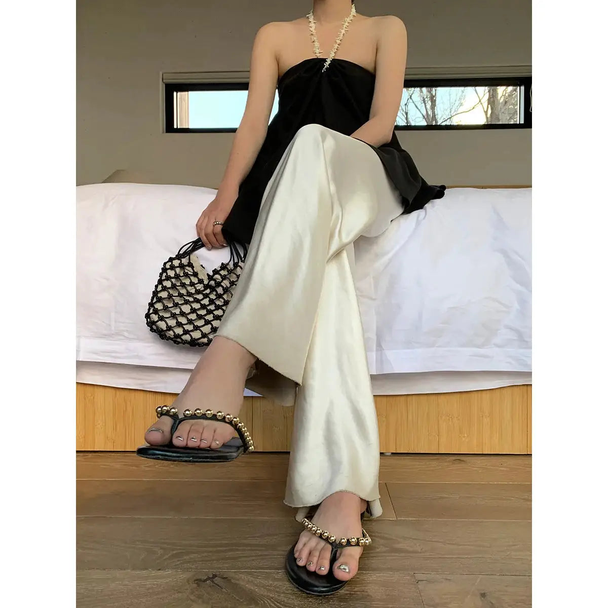 VelvetBloom Satin Wide Leg Pants With High Waist Elastic Closure For All Day Comfort And Elegant Summer Style