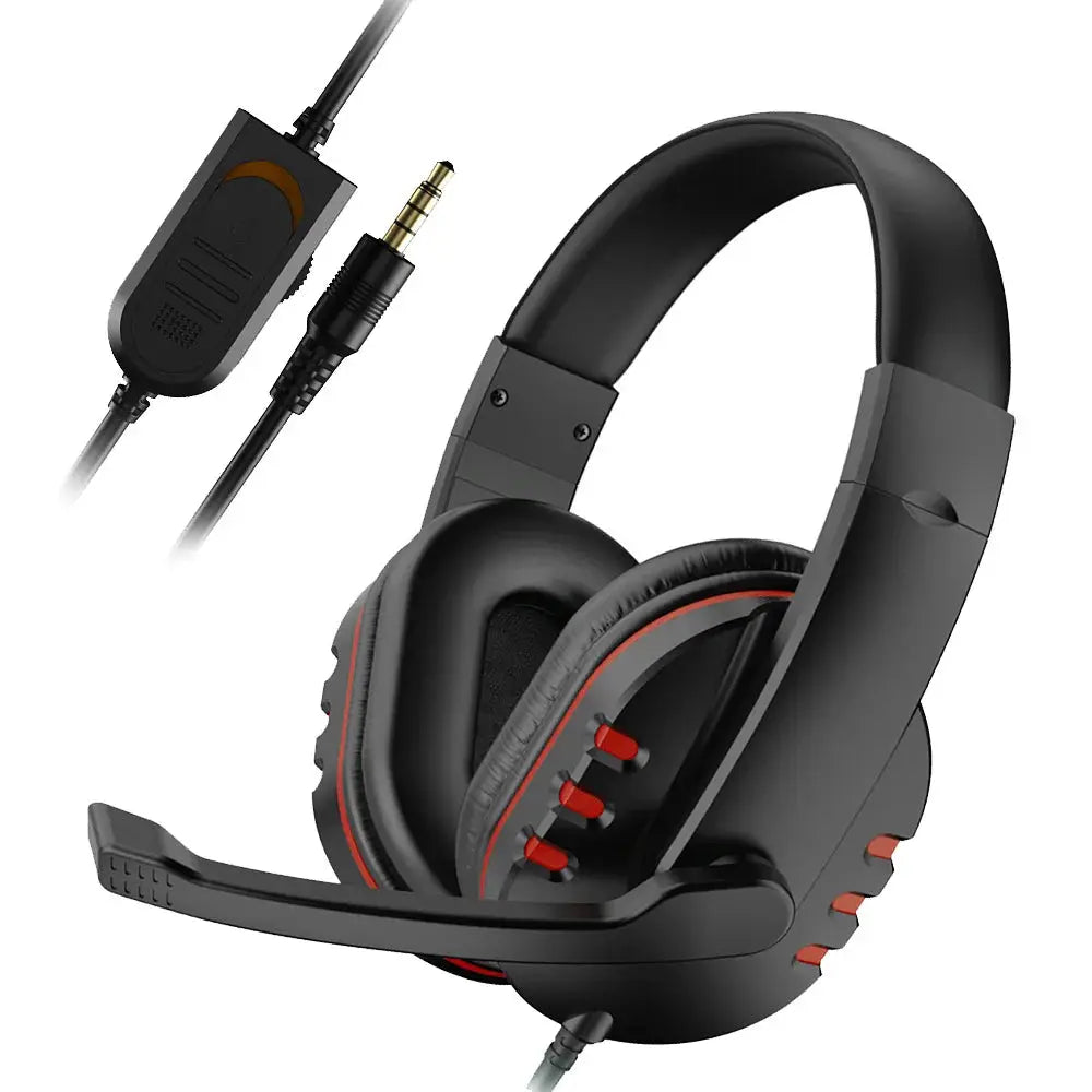 Simples Market wired gaming headset with microphone, black over-ear cups with red trim, 3.5mm plug.