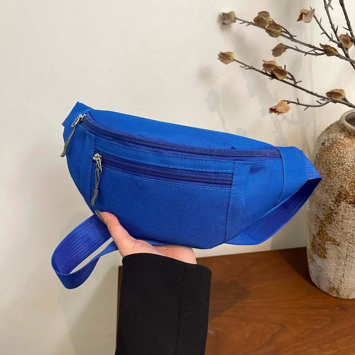 Fanny pack waist bag blue with two zip compartments and adjustable strap
