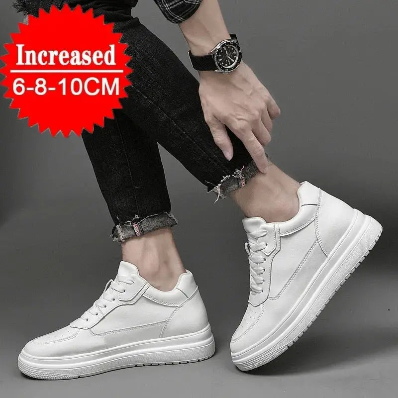 Men's white leather elevator sneakers, casual fashion shoes with 6/8/10cm height boost