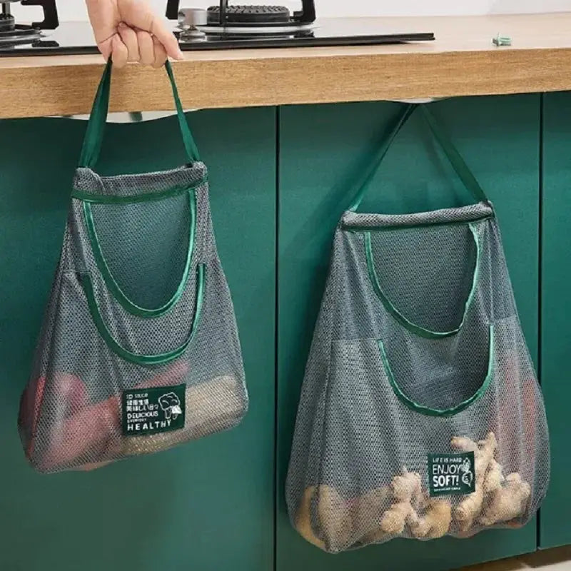 EcoMesh Reusable Hanging Mesh Storage Bags For Fresh Ginger Garlic Potatoes And Onions With Airflow Design