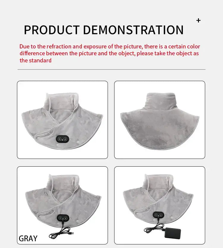 Electric heating neck wrap in gray with control panel; four-view product display