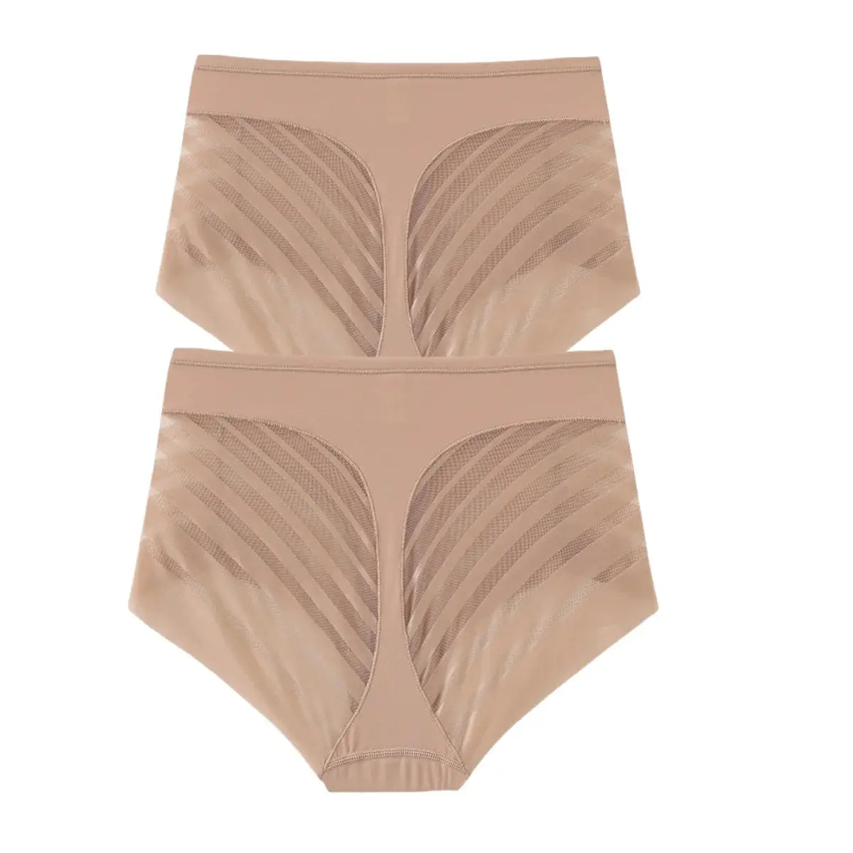 2-pack nude beige Simples Market women's ice silk tummy-control briefs with mid-waist mesh-splice panels.