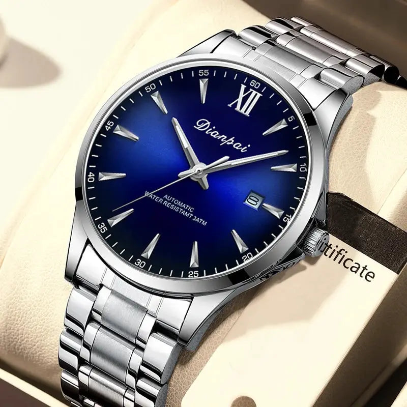 Dianpai men's stainless steel automatic watch with blue dial, calendar date window, water resistant 3ATM