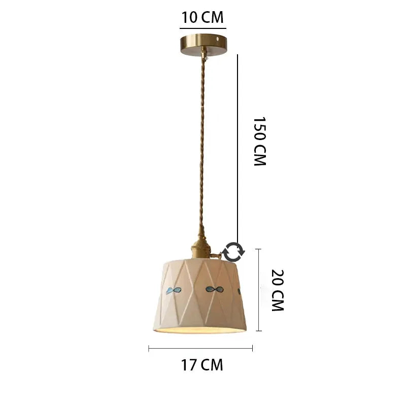 Pendant light Japanese retro brass-glazed ceramic with beige diamond-pattern shade and rope cord