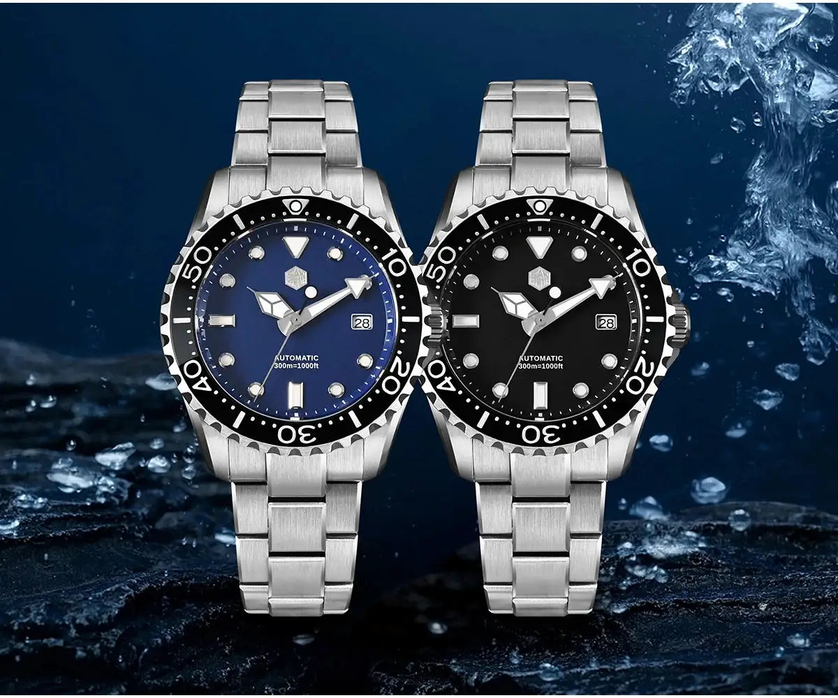 San Martin diver watches pair by Simples Market, blue and black dials, stainless steel bands, 40–44mm, NH35 automatic