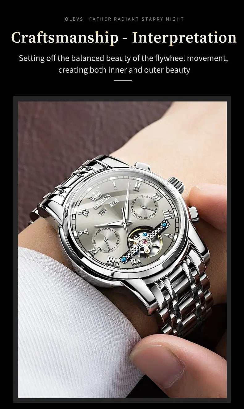 OLEVS 6607 stainless steel skeleton automatic wristwatch with dual calendar on metal bracelet