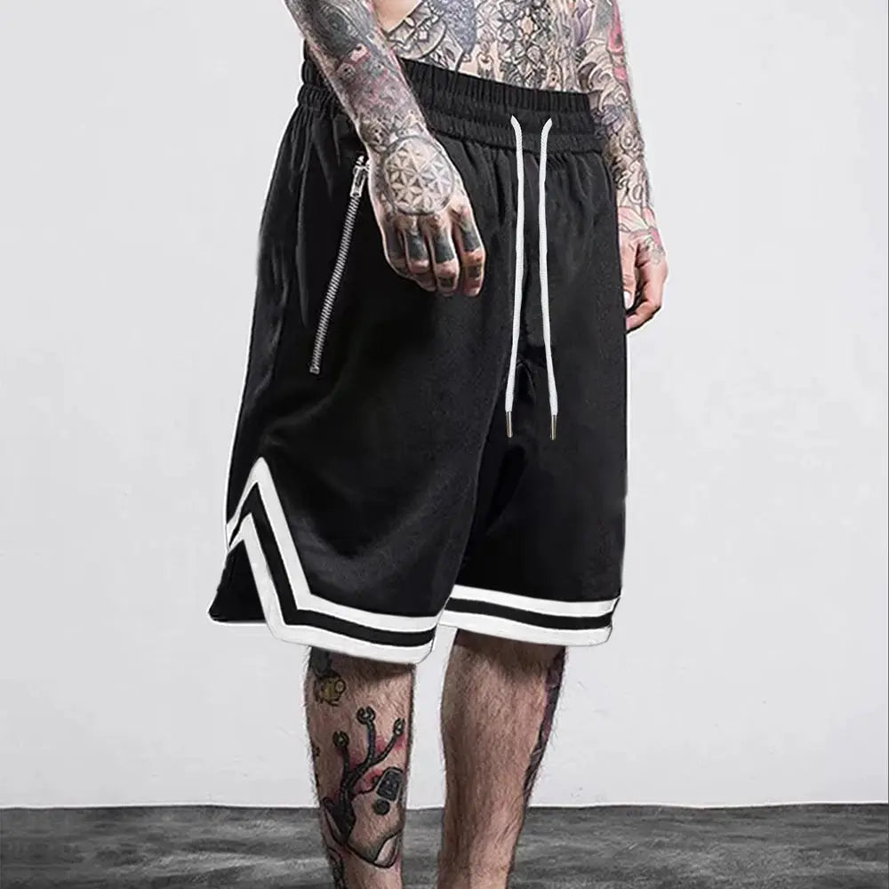 Men's black basketball shorts with white piping, drawstring waist and zip pocket, mesh quick-dry sportswear