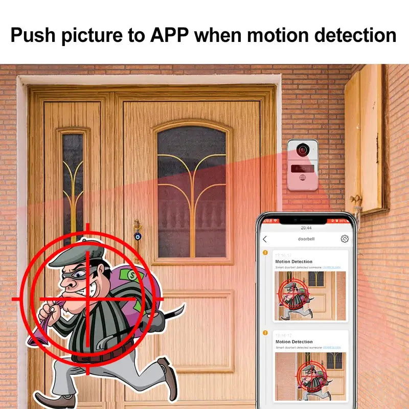 Tuya Smart 1080P WiFi doorbell camera, white outdoor unit with motion alerts shown on smartphone app.