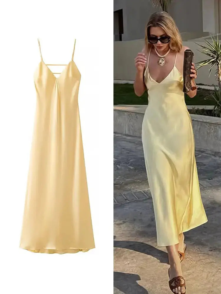 HH Women Summer Yellow V Neck Sling Dress Lightweight Sleeveless Maxi For Effortless Elegance