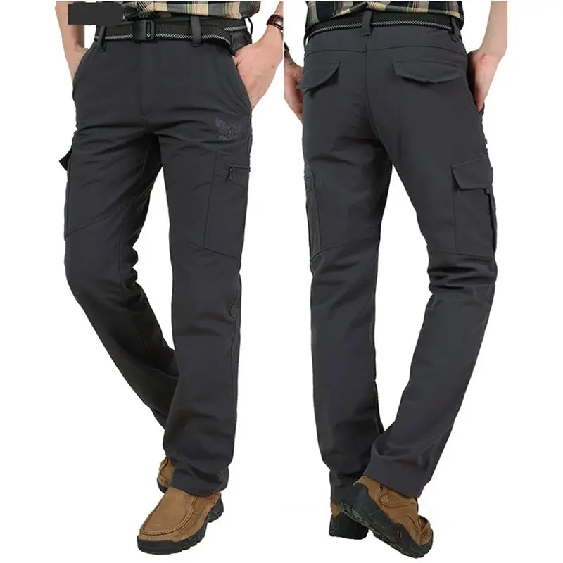 Dark gray men's tactical cargo pants with belt and multiple pockets, shown from front and back