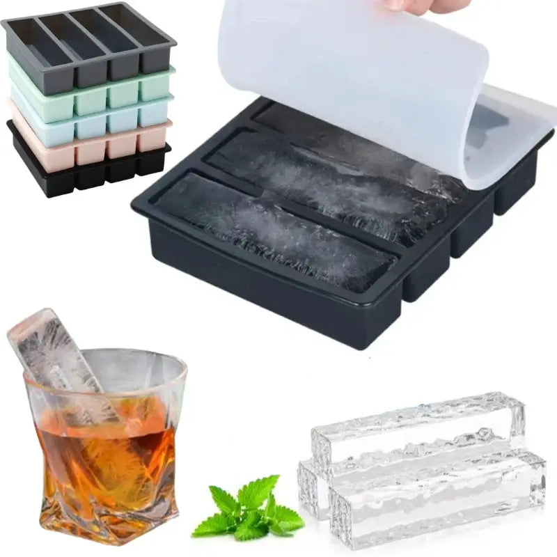 4 Grid Giant Silicone Ice Cube Tray Long Strip For Whiskey Barware Non Toxic Durable Large Ice Cubes