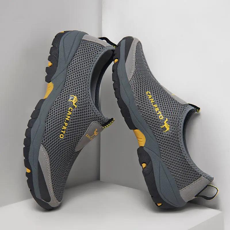 Men's slip-on mesh sneakers, gray with yellow accents, CAN-PIRTO logo, pair