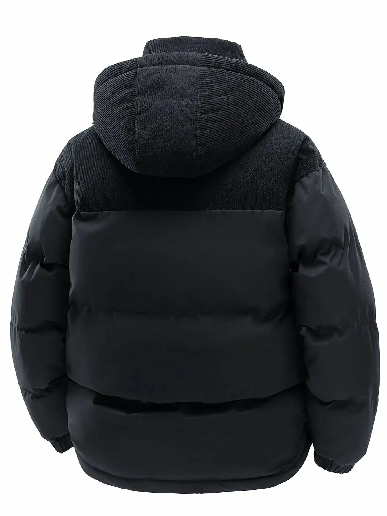 Simples Market men's hooded black puffer jacket with rib-knit hood and yoke, thick insulation