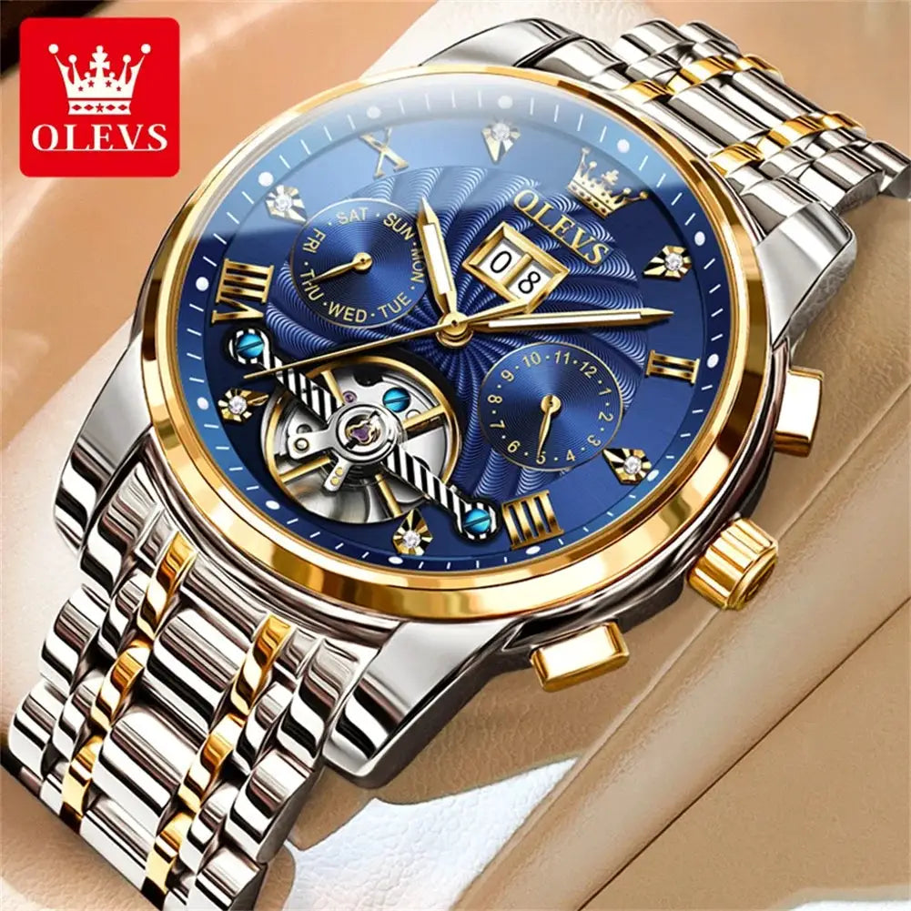 OLEVS men's automatic tourbillon watch with blue dial, gold bezel, two-tone stainless steel bracelet