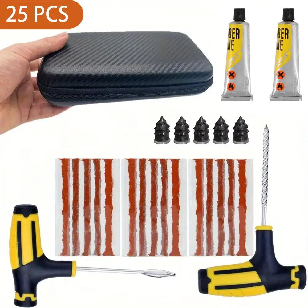 Tire Repair Kit by Simples Market, 25-piece set with glue tubes, rubber plugs and repair tools