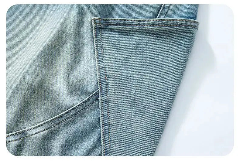 Simples Market denim shorts, light blue vintage wash with visible stitching and front pocket detail