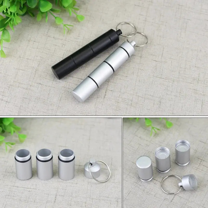 Mini portable aluminum waterproof pill box case; pair of 3-compartment keychain organizers in black and silver.