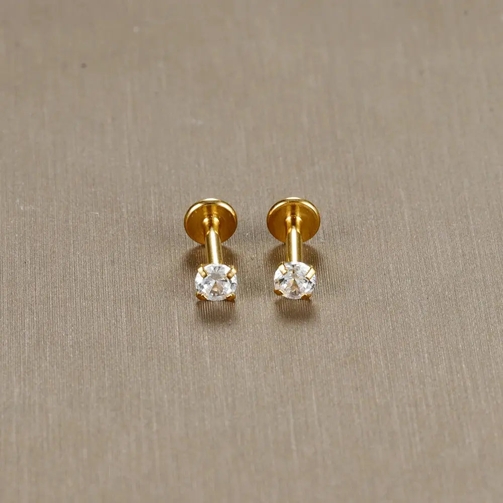 2pc gold-tone labret/tragus stud earrings with clear CZ crystals, 16G, Simples Market