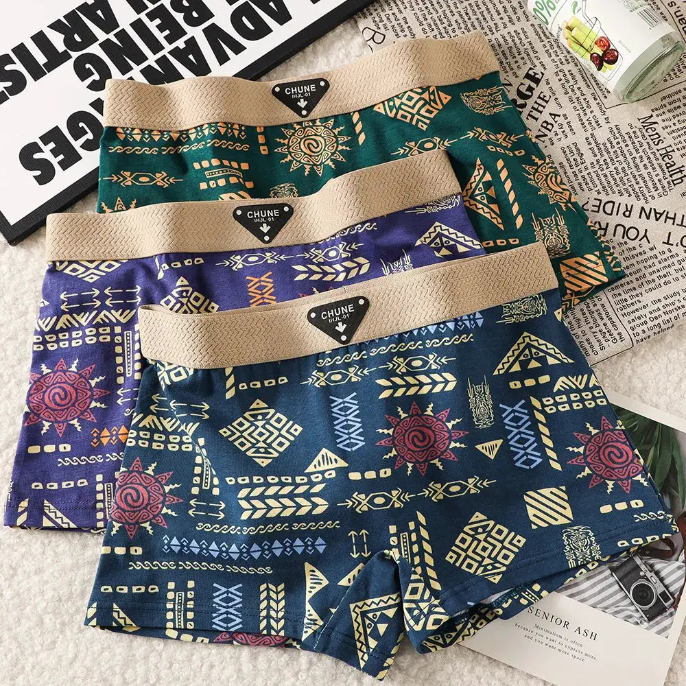 3-pack cotton women's panties with vintage tribal prints in blue, teal and purple; beige elastic waistband, soft.