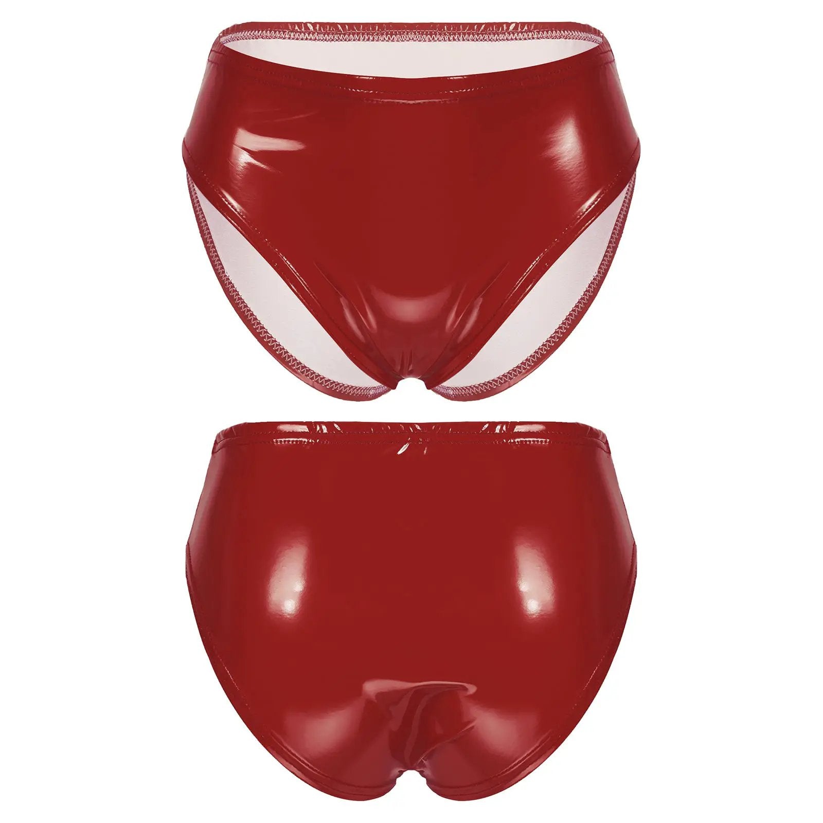 Womens red patent leather hot pants briefs with white mesh side panels, low-rise