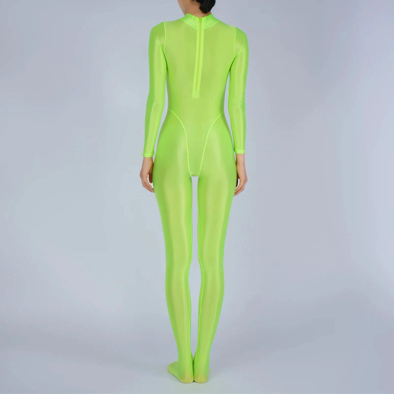 Women's neon lime green full-body jumpsuit with long sleeves and footed design, back zipper.