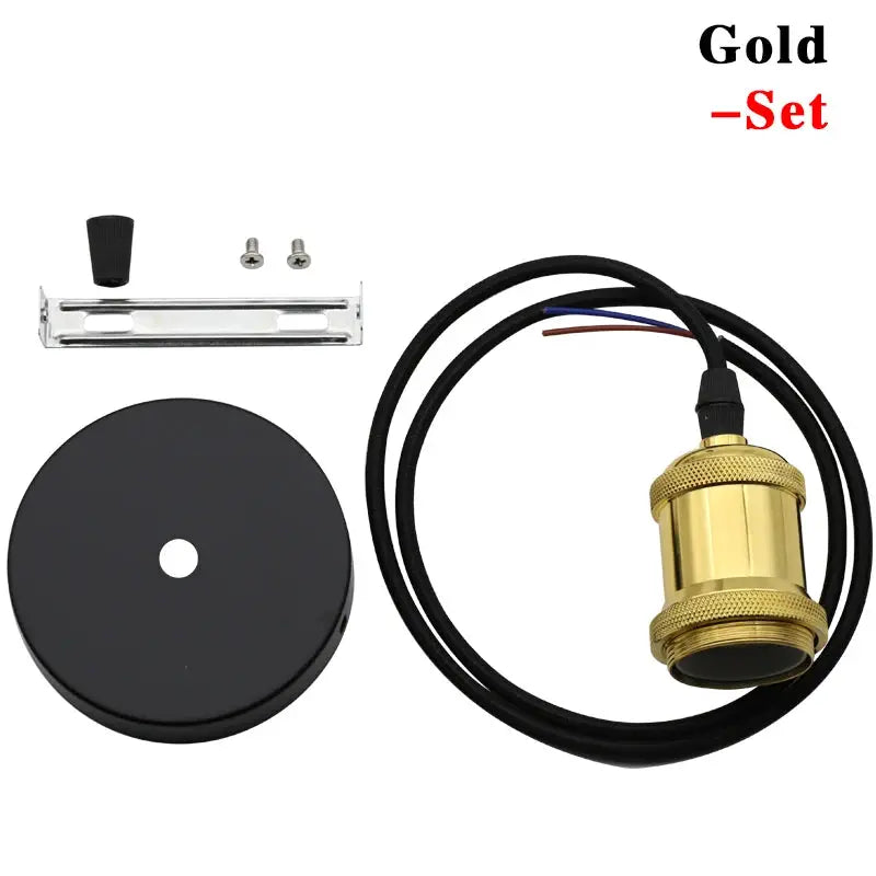 Aluminum pendant light kit by Simples Market with gold E27 socket, black cord, black canopy, mounting plate and screws