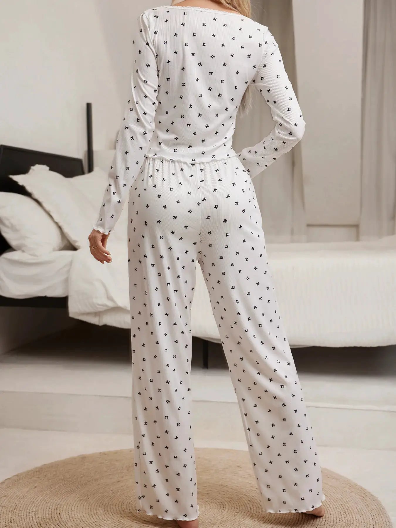 CosyNest Sleepwear Bowknot Print Lettuce Trim Top With Long Pant Autumn Cozy Rib Knit Loungewear Set