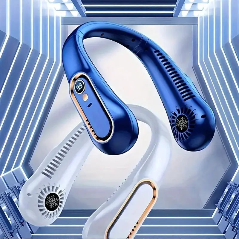 Free Hands No Leaf Neck Hanging Fan Portable Mini Turbine Fan With Digital Display USB Charging For Outdoor Hiking Camping