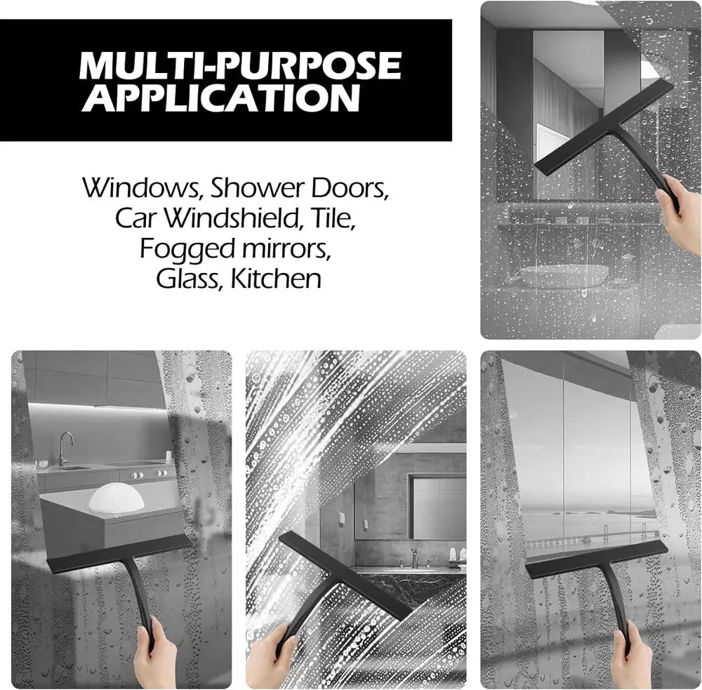 Simples Market matte black silicone shower squeegee for glass windows, doors, mirrors; streak-free cleaning.