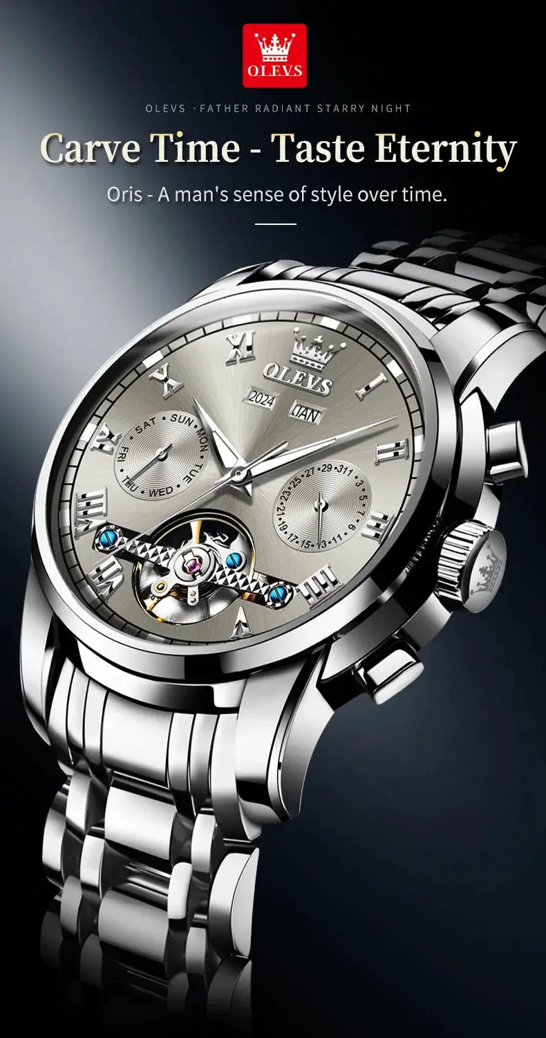 OLEVS stainless steel skeleton automatic men's watch with dual calendar and visible flywheel movement