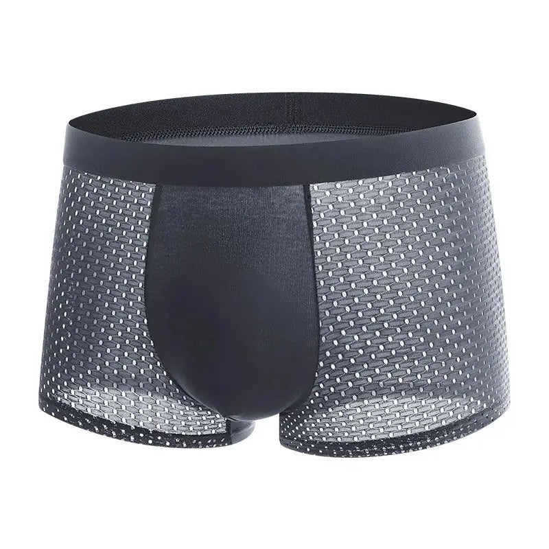 Men's ice silk mesh boxer briefs in dark gray with dotted mesh pattern and solid front pouch