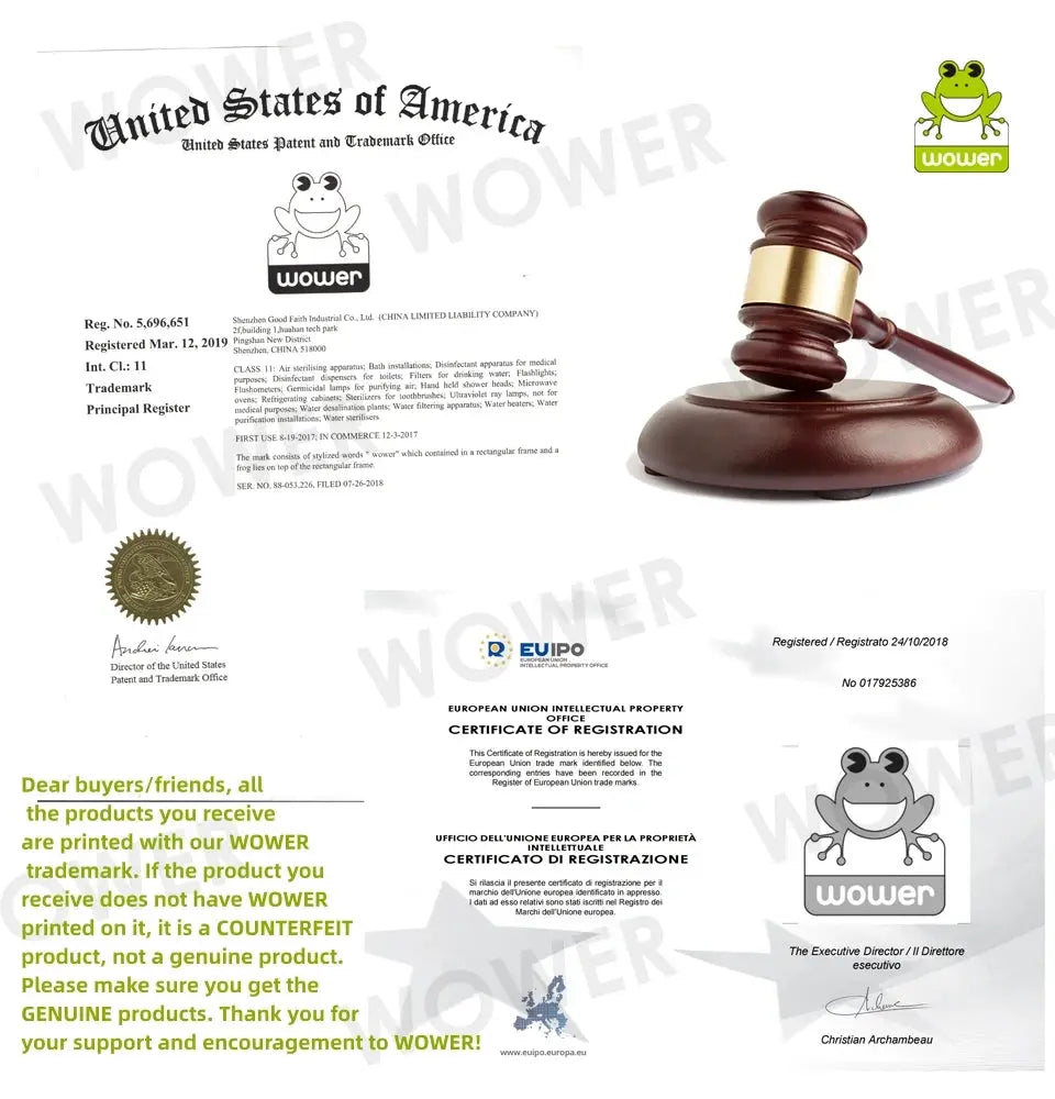 Wower brand certificate collage featuring a judge's gavel, seals, and frog logos.