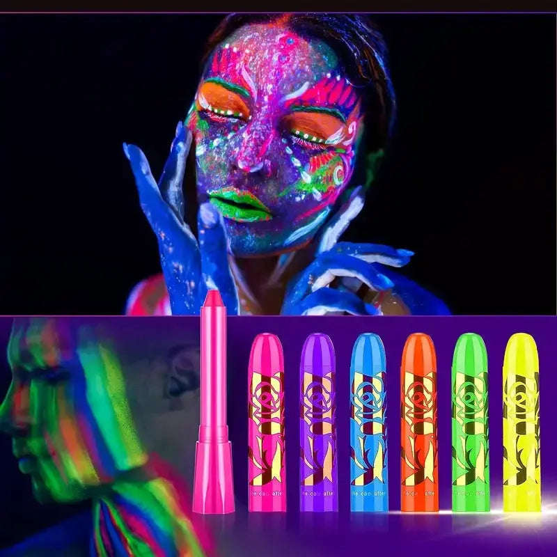 Six Piece UV Neon Face Painting Kit Glow Under UV Black Light Washable