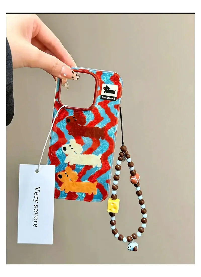 PawCart Cartoon Stripes Dog Chain Case For iPhone 16 15 14 13 12 11 Pro Max Mini Anti Fall TPU Soft Shell With Lanyard