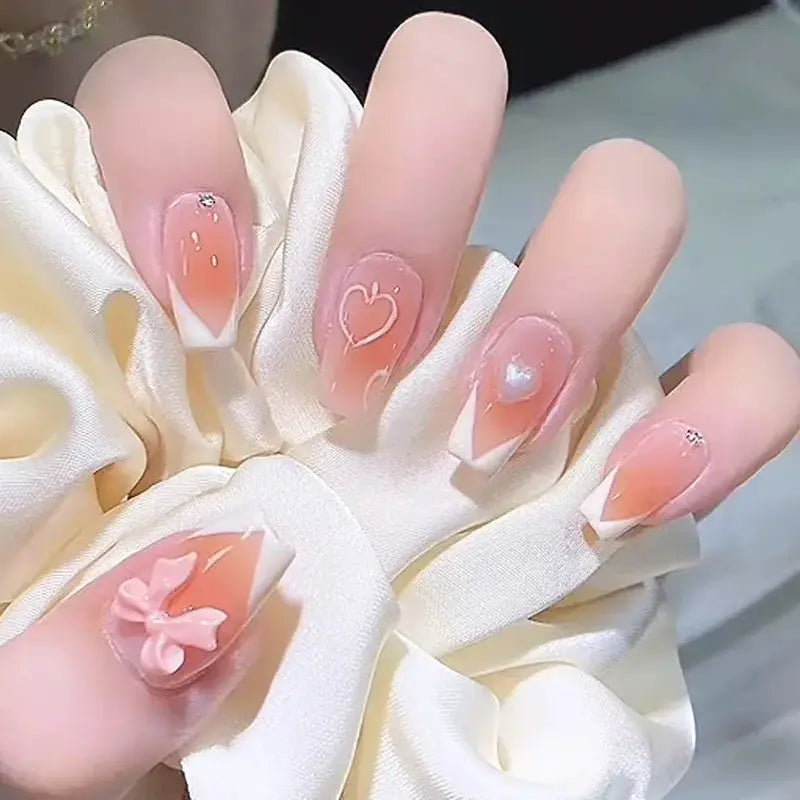 LuxeNail Blush Pink False Nails Bowknot Diamond Pearl Design Press On Nail Tips Harmless Smooth Edge Safe DIY Mani