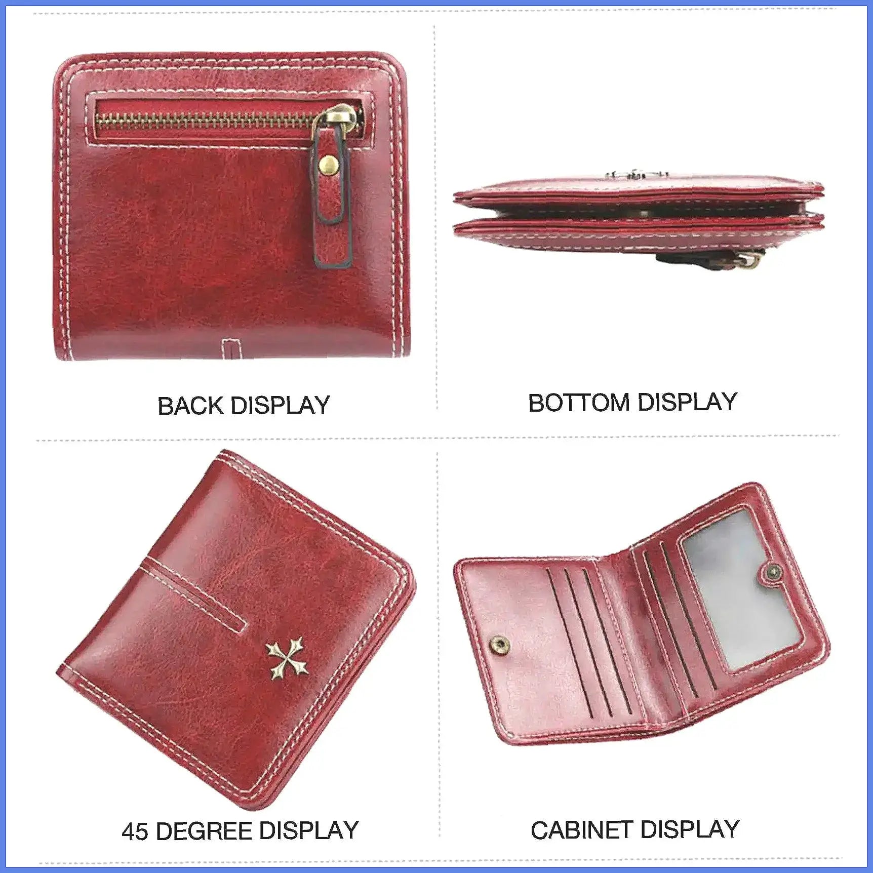 Women's red oil-waxed PU wallet with zipper coin pocket and card slots by Simples Market